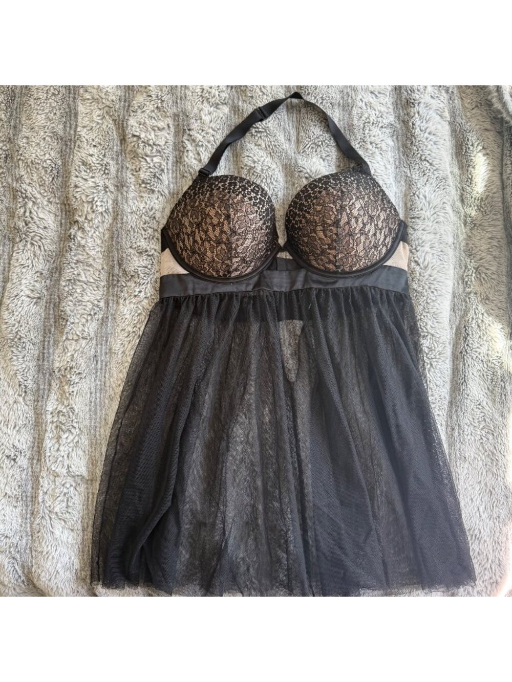 Victorias Secret Black Lace & Mesh Halter Babydoll Intimates Sz 36D